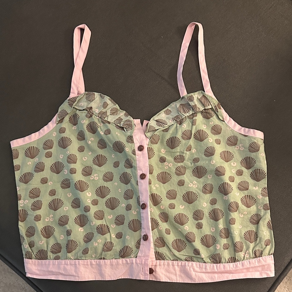 Anthropology Lux Green and Pink Shell Print Crop Top Button Up Tank Top